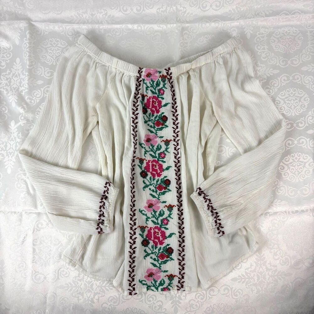 Old Navy Peasant Top Floral Cross Stitch Embroidered Tapestry Boho Western XS